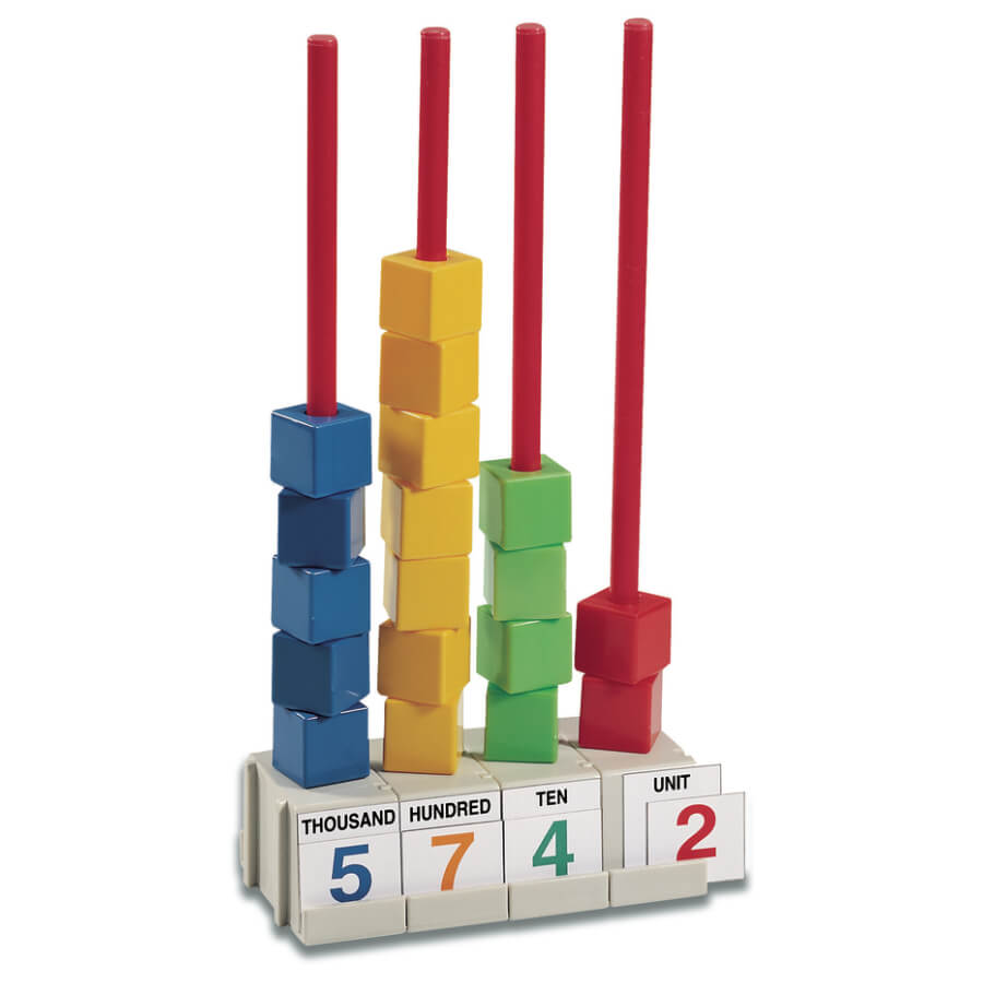 Abaco didattico con moduli, cubi e carte, attività su quantità e numero