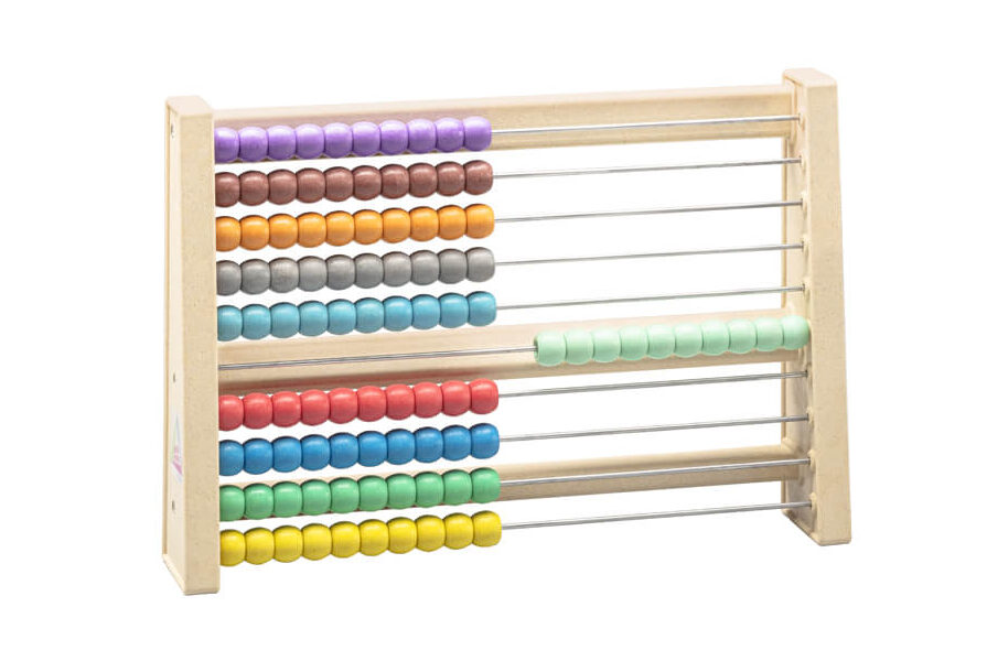 Abaco in legno riciclato con 100 palline in 10 colori, valore posizionale unità-decine-centinaia
