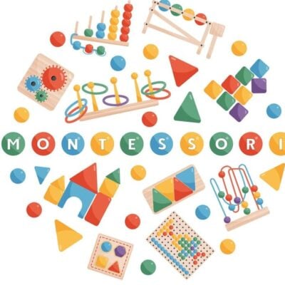 Infografica con scritta al centro "Montessori" e attorno giochi