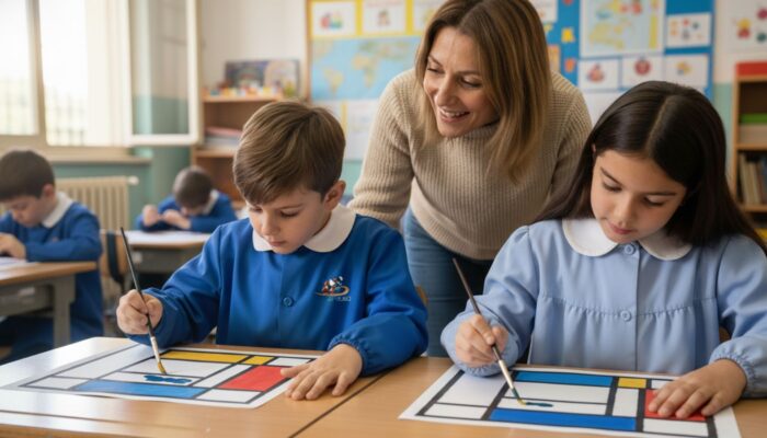 Mondrian spiegato ai bambini in classe: Attività di pittura con tempere acriliche