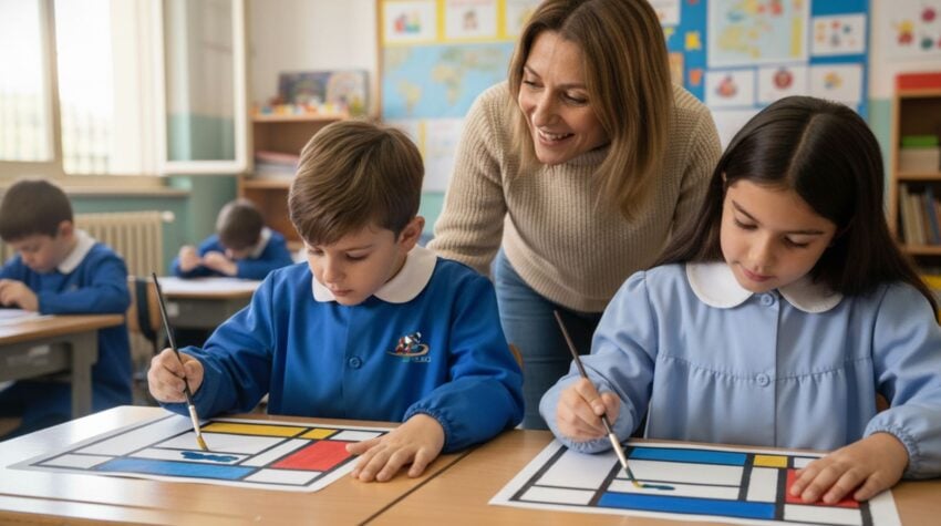 Mondrian spiegato ai bambini in classe: attività di pittura con tempere acriliche
