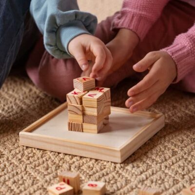 bambini che giocano con giochi in legno