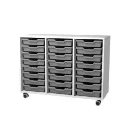 Cassettiera 3 vani bianco latte e 24 cassette basse grigie - base con ruote