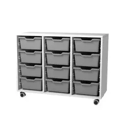 Cassettiera 3 vani bianco latte - 24 cassette alte grigie - base con ruote