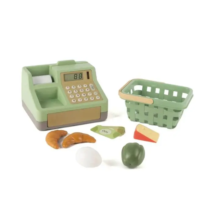 Set cassa del negozio con cestino e alimenti